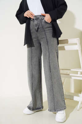 Önü Çımalı Geniş Paça Kot Pantolon Füme - Thumbnail