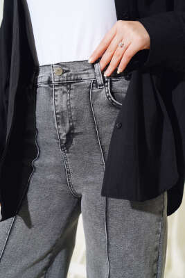 Önü Çımalı Geniş Paça Kot Pantolon Füme - Thumbnail