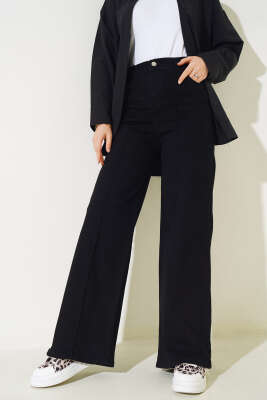 Önü Çımalı Geniş Paça Kot Pantolon Siyah - Thumbnail