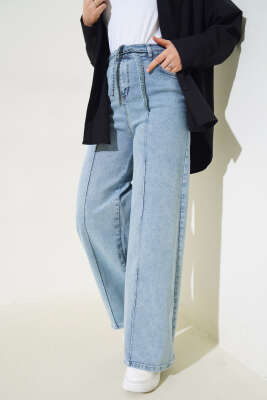 Önü Çımalı Geniş Paça Kot Pantolon Açık Mavi - Thumbnail