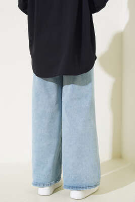 Önü Çımalı Geniş Paça Kot Pantolon Açık Mavi - Thumbnail