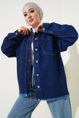 Önü Cepli Püsküllü Kot Ceket Lacivert - Thumbnail