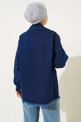 Önü Cepli Püsküllü Kot Ceket Lacivert - Thumbnail