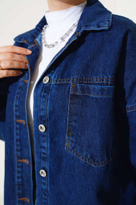 Önü Cepli Püsküllü Kot Ceket Lacivert - Thumbnail