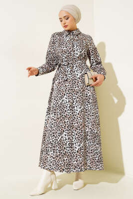 Pazarium - Boydan Düğmeli Leopar Desen Elbise Latte