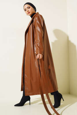 Pazarium - Kuşaklı Uzun Deri Trençkot Taba