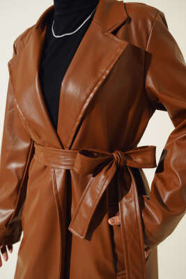 Kuşaklı Uzun Deri Trençkot Taba - Thumbnail