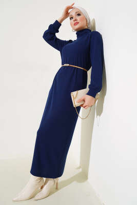 Fitilli Balıkçı Yaka Elbise Lacivert - Thumbnail