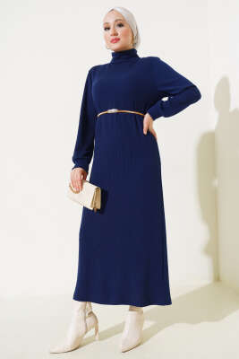 Fitilli Balıkçı Yaka Elbise Lacivert - Thumbnail