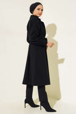 Kruvaze Yaka Kuşaklı Astarlı Kaşe Kaban Siyah - Thumbnail