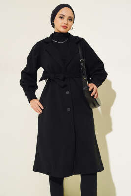 Kruvaze Yaka Kuşaklı Astarlı Kaşe Kaban Siyah - Thumbnail