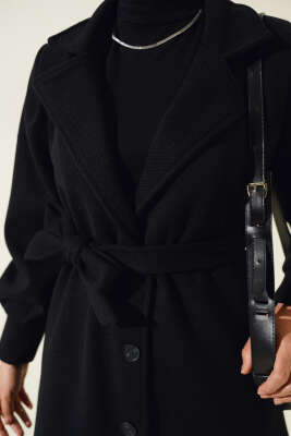 Kruvaze Yaka Kuşaklı Astarlı Kaşe Kaban Siyah - Thumbnail