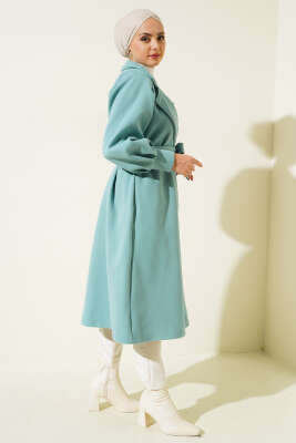 Kruvaze Yaka Kuşaklı Astarlı Kaşe Kaban Mint - Thumbnail