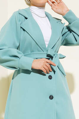 Kruvaze Yaka Kuşaklı Astarlı Kaşe Kaban Mint - Thumbnail