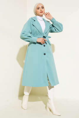 Kruvaze Yaka Kuşaklı Astarlı Kaşe Kaban Mint - Thumbnail