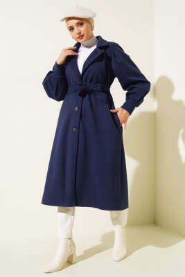 Kruvaze Yaka Kuşaklı Astarlı Kaşe Kaban Lacivert - Thumbnail