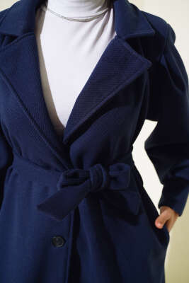 Kruvaze Yaka Kuşaklı Astarlı Kaşe Kaban Lacivert - Thumbnail