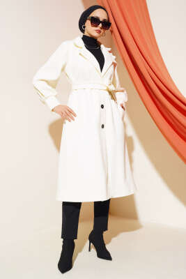 Kruvaze Yaka Kuşaklı Astarlı Kaşe Kaban Ekru - Thumbnail