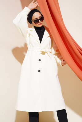 Pazarium - Kruvaze Yaka Kuşaklı Astarlı Kaşe Kaban Ekru