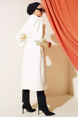 Kruvaze Yaka Kuşaklı Astarlı Kaşe Kaban Ekru - Thumbnail