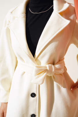 Kruvaze Yaka Kuşaklı Astarlı Kaşe Kaban Ekru - Thumbnail