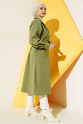 Kruvaze Yaka Kuşaklı Astarlı Kaşe Kaban Çağla Yeşili - Thumbnail