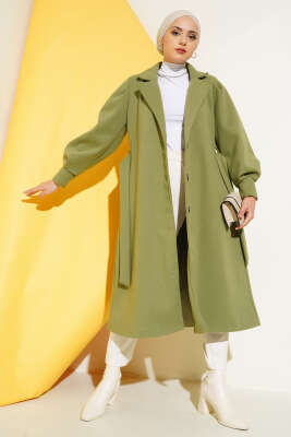 Kruvaze Yaka Kuşaklı Astarlı Kaşe Kaban Çağla Yeşili - Thumbnail