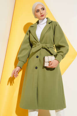 Kruvaze Yaka Kuşaklı Astarlı Kaşe Kaban Çağla Yeşili - Thumbnail