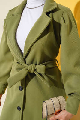 Kruvaze Yaka Kuşaklı Astarlı Kaşe Kaban Çağla Yeşili - Thumbnail