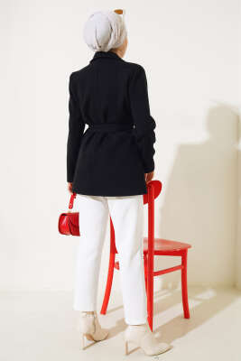 Kuşaklı Kısa Kaşe Kaban Siyah - Thumbnail