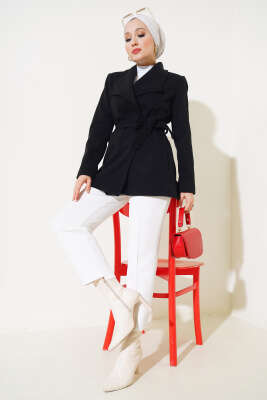 Kuşaklı Kısa Kaşe Kaban Siyah - Thumbnail