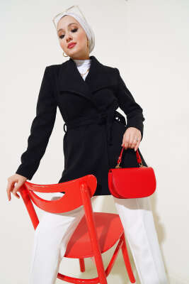 Kuşaklı Kısa Kaşe Kaban Siyah - Thumbnail