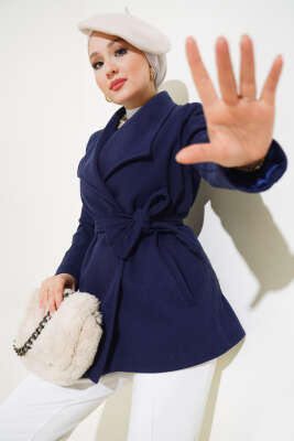 Pazarium - Kuşaklı Kısa Kaşe Kaban Lacivert