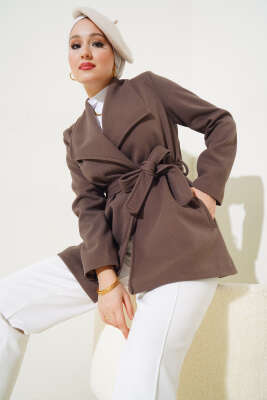 Pazarium - Kuşaklı Kısa Kaşe Kaban Kahve