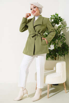 Kuşaklı Kısa Kaşe Kaban Çağla Yeşili - Thumbnail