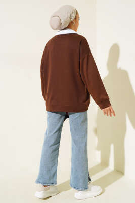 Gömlek Yaka California Baskılı Sweatshirt Kahve - Thumbnail