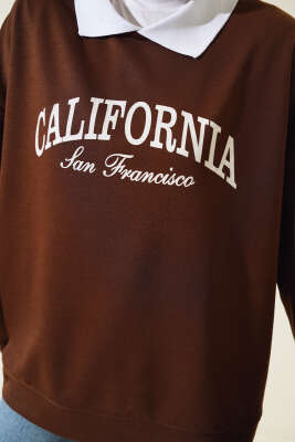 Gömlek Yaka California Baskılı Sweatshirt Kahve - Thumbnail
