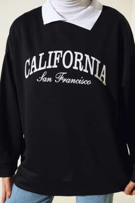 Gömlek Yaka California Baskılı Sweatshirt Siyah - Thumbnail