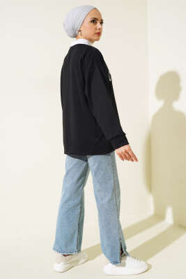 Gömlek Yaka California Baskılı Sweatshirt Siyah - Thumbnail