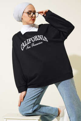 Gömlek Yaka California Baskılı Sweatshirt Siyah - Thumbnail