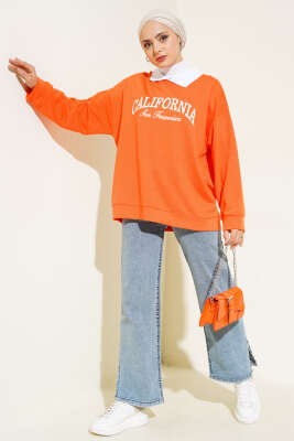 Gömlek Yaka California Baskılı Sweatshirt Oranj - Thumbnail