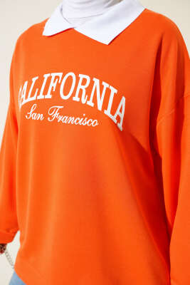 Gömlek Yaka California Baskılı Sweatshirt Oranj - Thumbnail