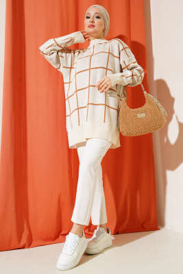 Kare Çizgili Triko Tunik Bej Latte - Thumbnail