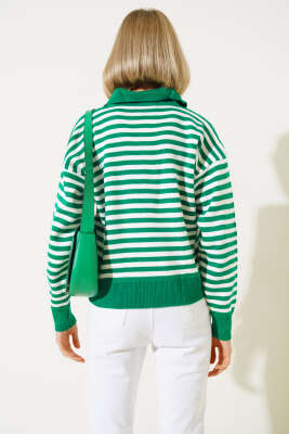 Gömlek Yaka Düğmeli Çizgili Triko Kazak Yeşil - Thumbnail