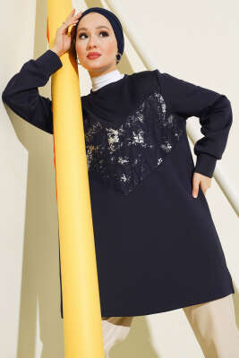 Varak Detaylı Desenli Tunik Lacivert - Thumbnail