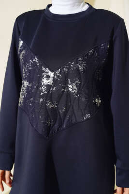 Varak Detaylı Desenli Tunik Lacivert - Thumbnail