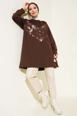 Varak Detaylı Desenli Tunik Kahve - Thumbnail