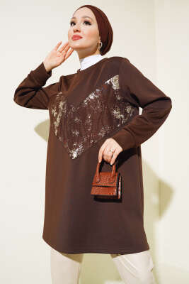Varak Detaylı Desenli Tunik Kahve - Thumbnail