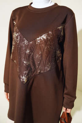 Varak Detaylı Desenli Tunik Kahve - Thumbnail