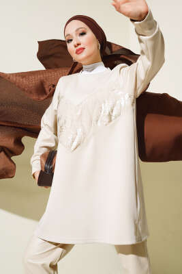 Varak Detaylı Desenli Tunik Bej - Thumbnail